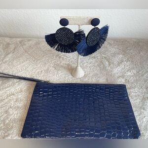 Navy Patent Croc Wristlet Clutch with Fringe Statement Earrings